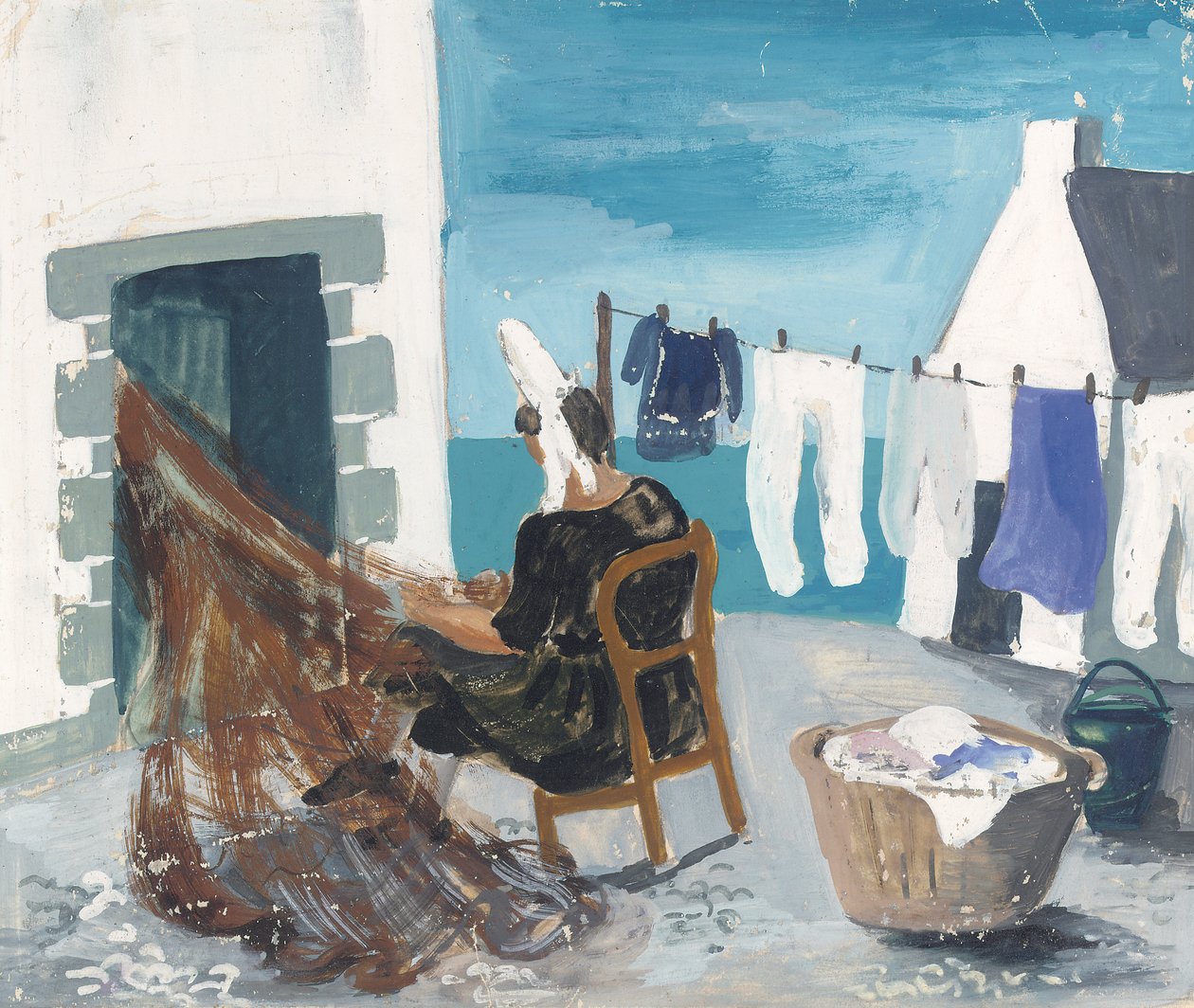 Mending Nets, Tréboul, cca 1930 (tužka a kvaš na papíře) od Christopher Wood