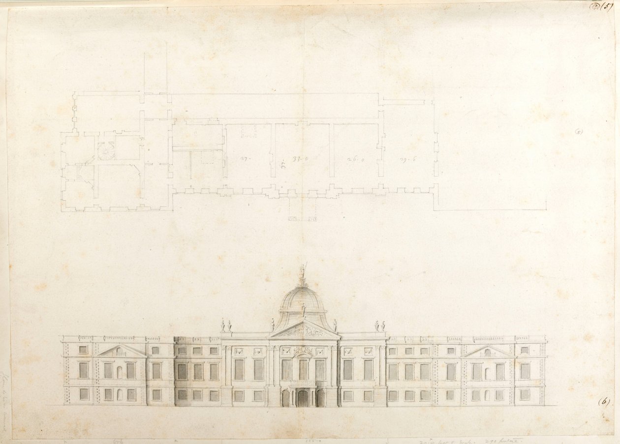 Hampton Court Palace, částečný půdorys a náčrt pro vstupní fasádu, pravděpodobně pro 2. schéma, číslované 5 a 6 od Christopher Wren
