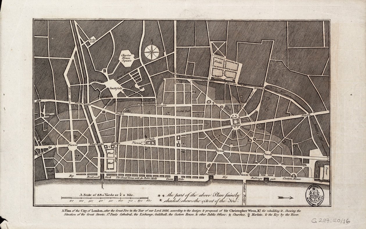 Plán města Londýna po velkém požáru v roce 1666 (tisk) od Christopher Wren