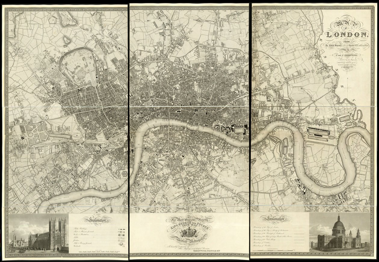 Mapa Londýna podle skutečného průzkumu z roku 1824 od Christopher and John (fl.1821 40) Greenwood