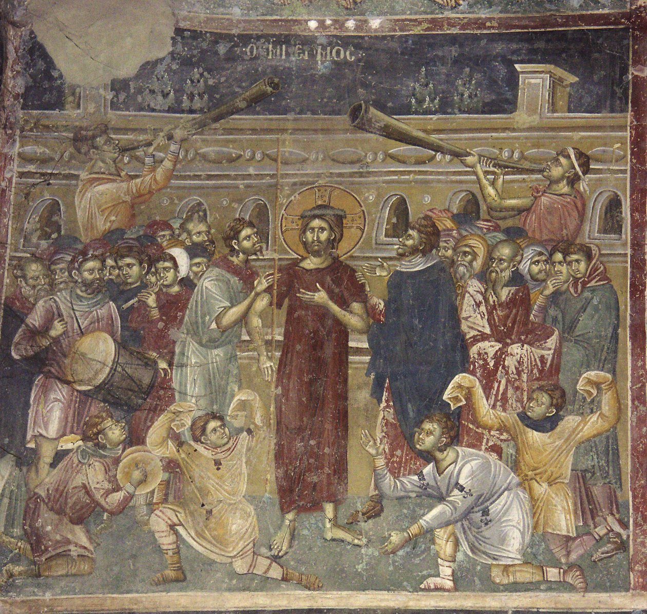 Scéna Posmívat se Ježíšovi hudebníků, cca 1317 od Chrostiras Michael