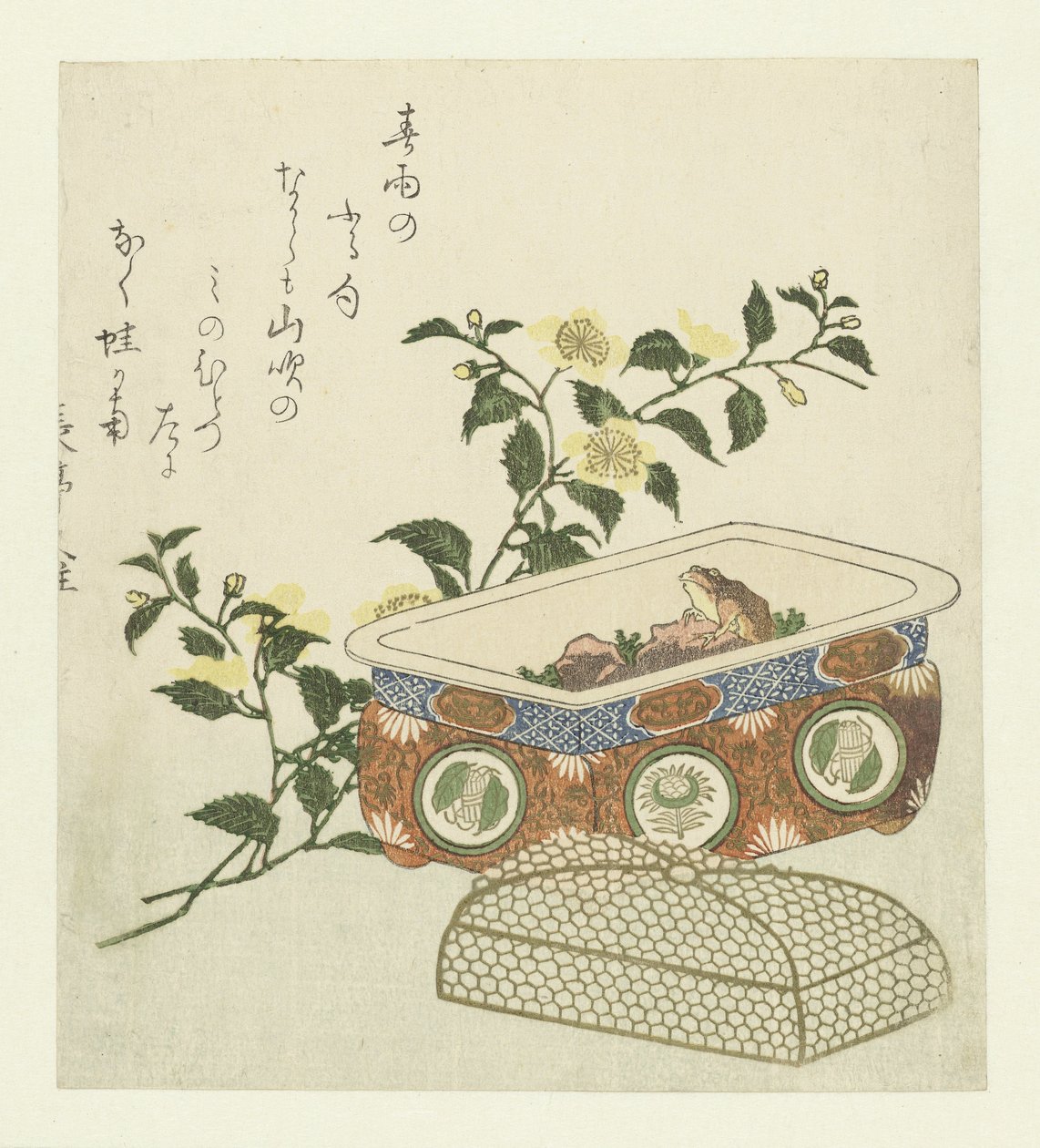 Žába a sprej Kerria Japonica od Chôtei Hisazumi