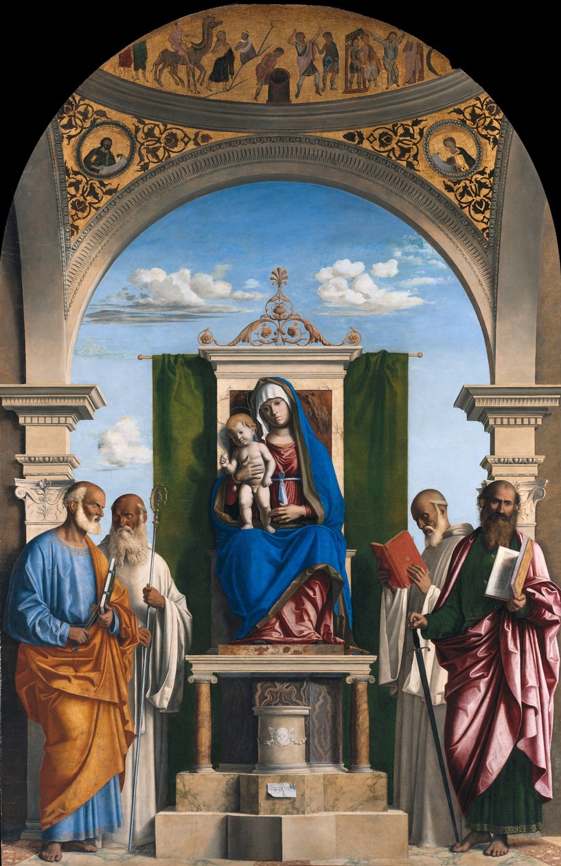Na trůn Madona s dítětem a SS Peter, Romualdus, Benedict a Paul od Cima da Conegliano