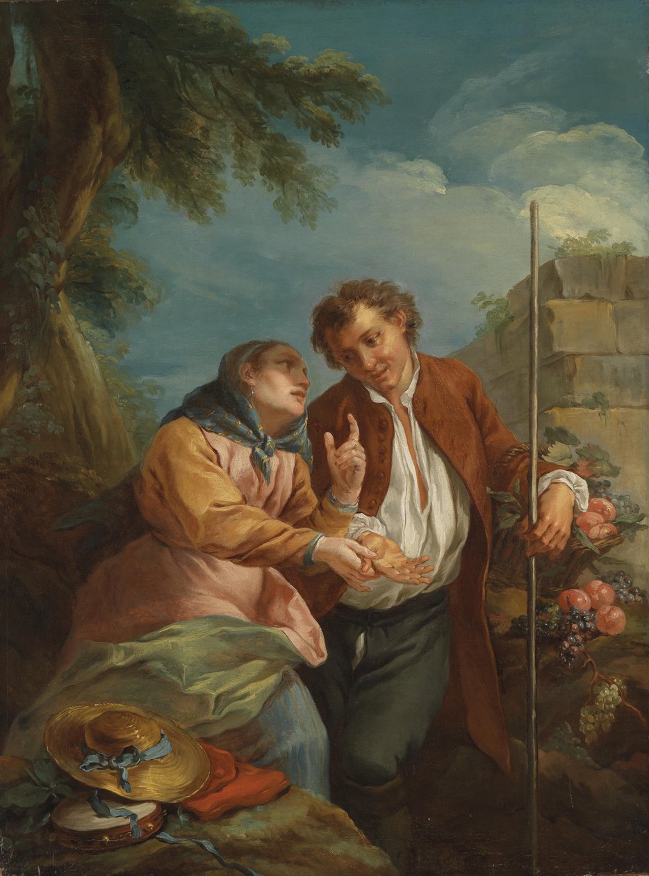 Čtečka dlaní a mladý prodejce ovoce od Circle of Charles André van Loo