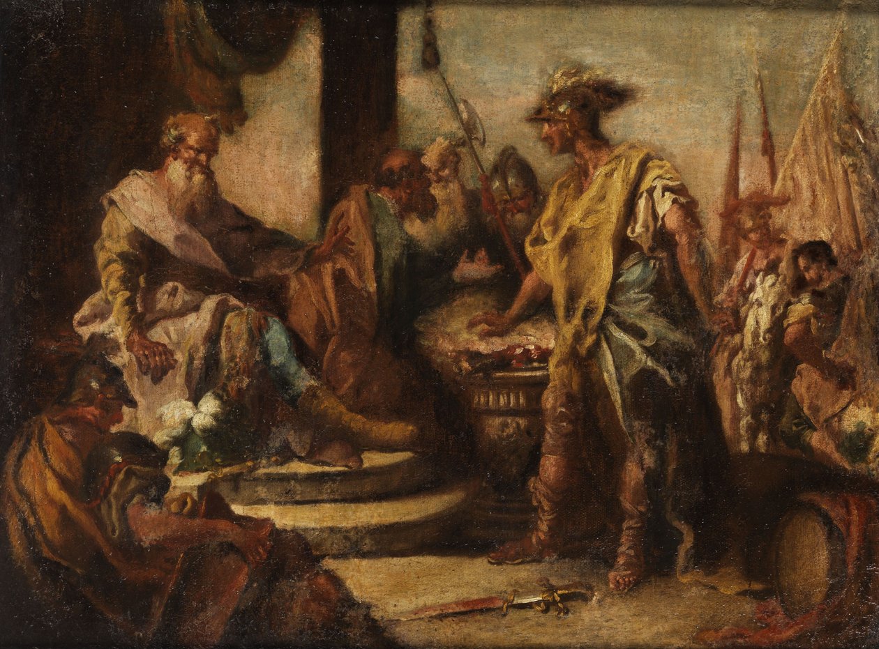 Mucius Scaevola dává ruku do ohně před etruským princem Porsennou. od Francesco Fontebasso