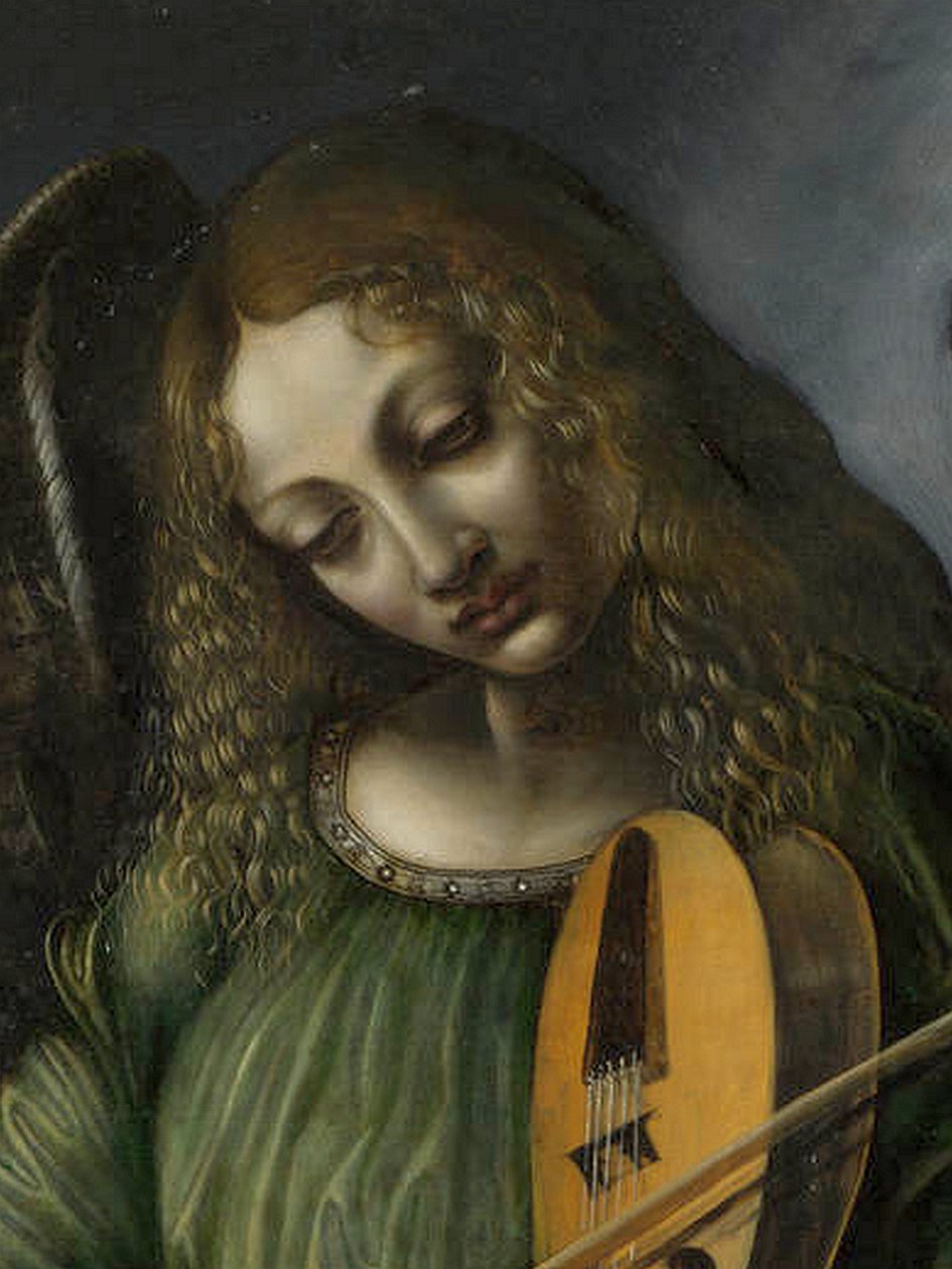 Anděl v zeleném s vielle, část oltáře S. Francesca, Milán od Circle of Leonardo da Vinci