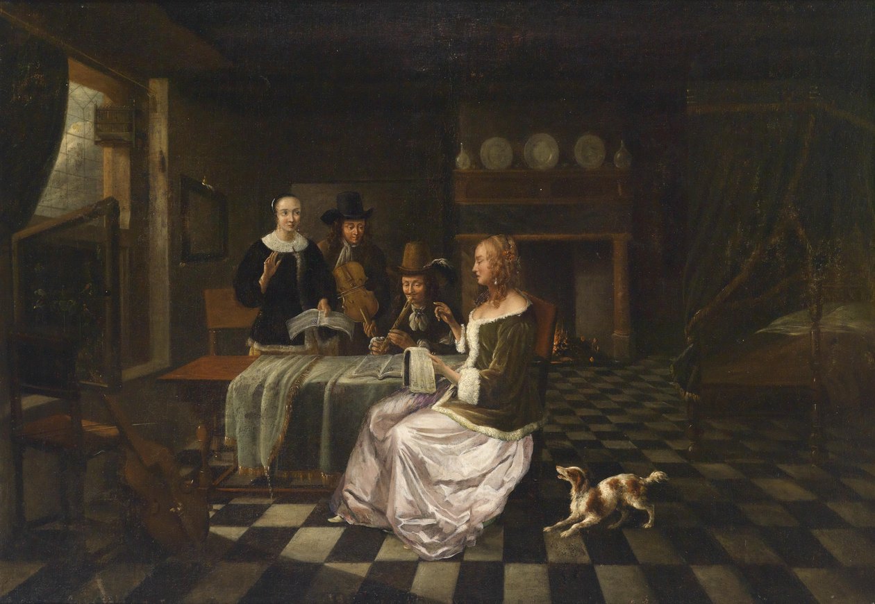 Buržoazní interiér se čtyřmi lidmi od Circle of Pieter de Hooch