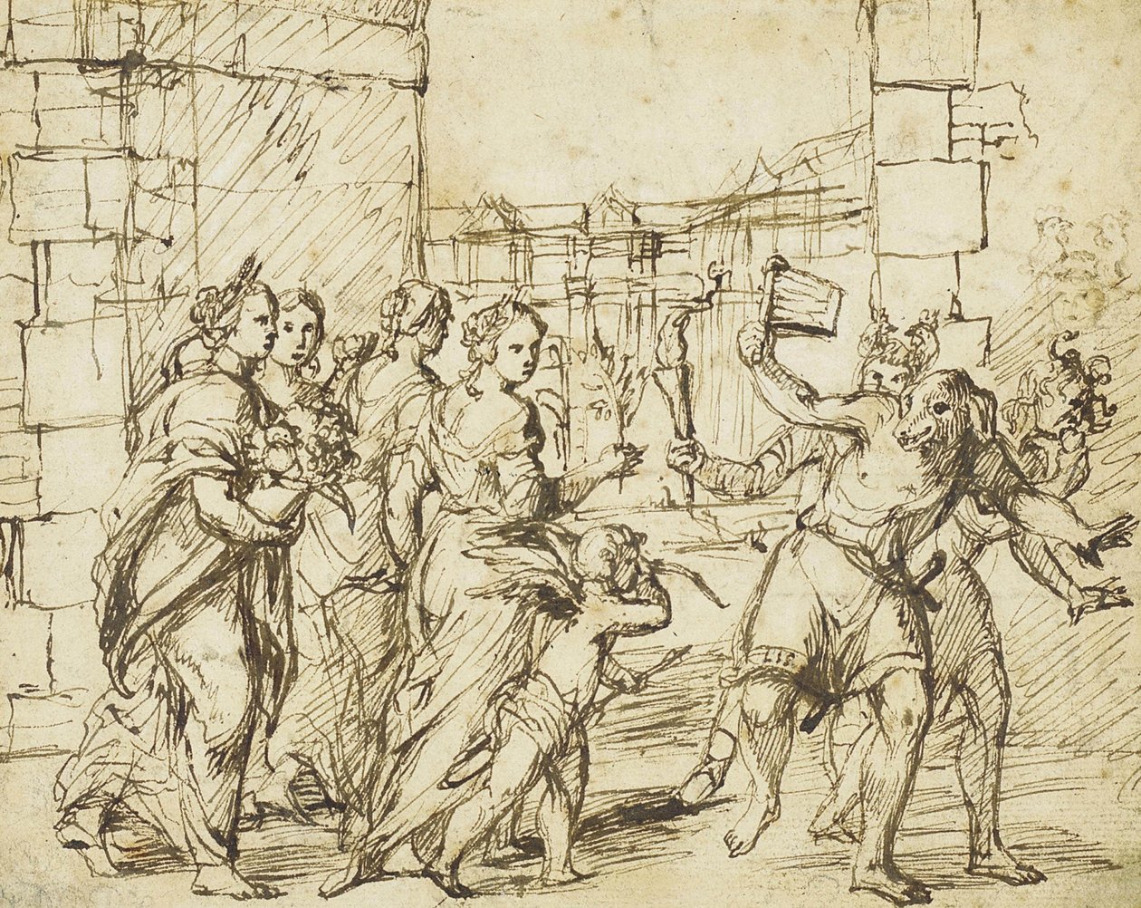 Lupercaliánské slavnosti v Římě: Luperci převlečení za psy a kozy. od Circle of Adam Elsheimer