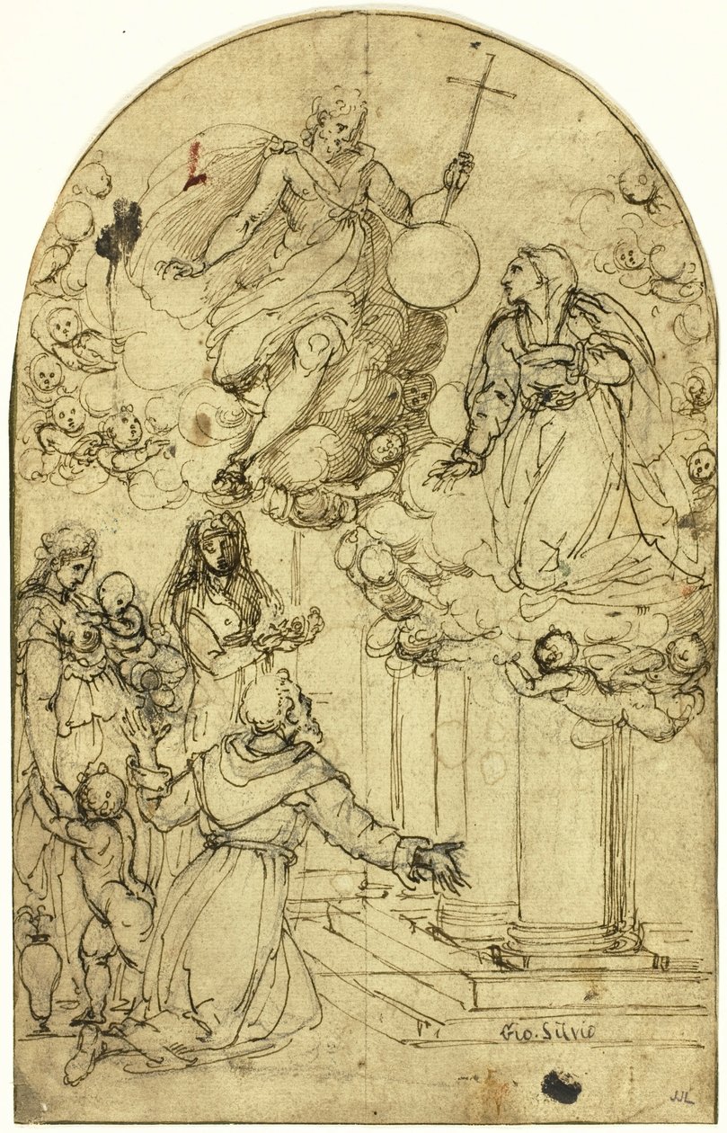 Vidění svatého Františka z Assisi v Portiuncula (recto); Ornamentální design (verze) od Circle of Alessandro Allori
