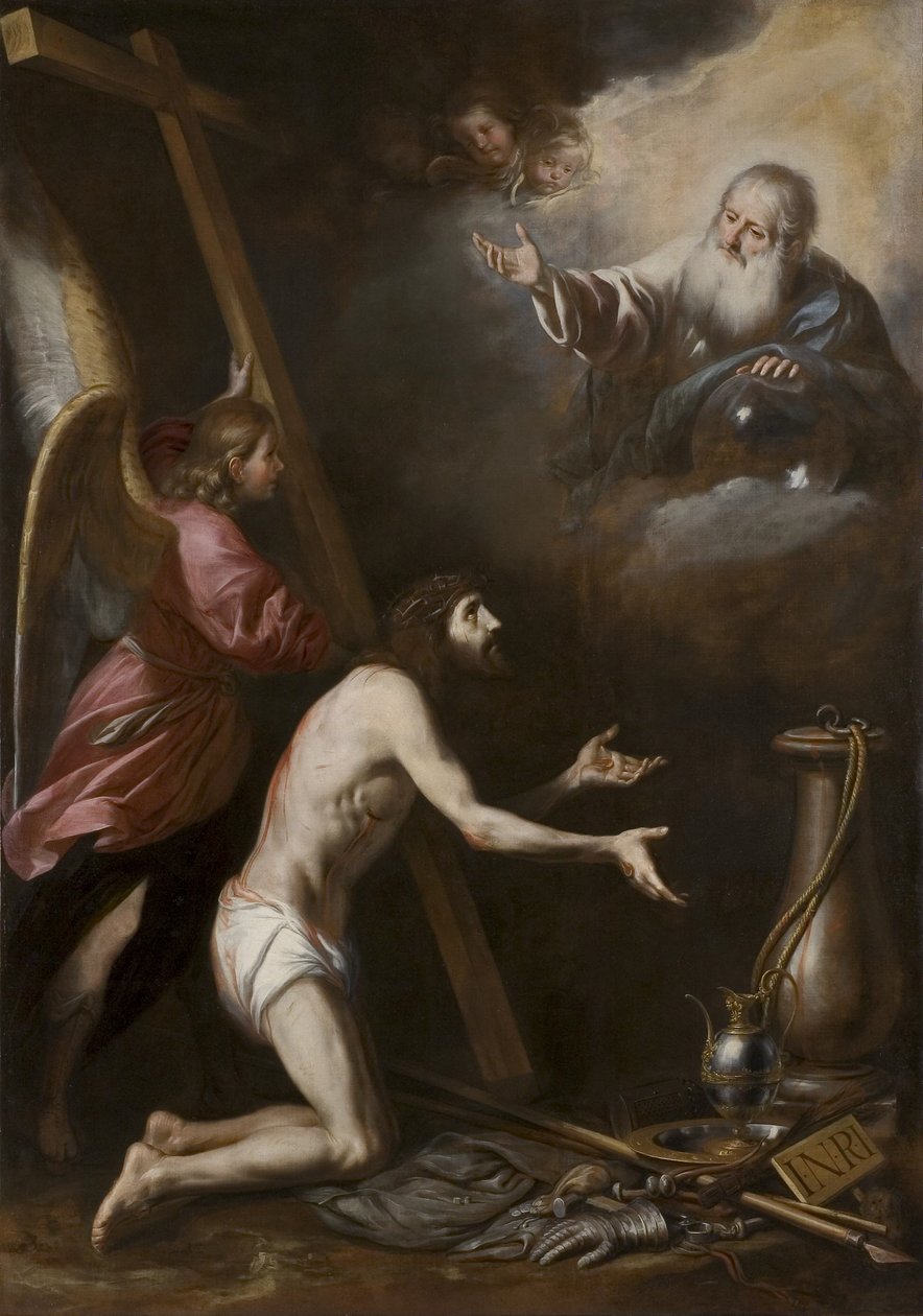 Španělsky: Cristo flagelado arrodillado ante Dios Padre (Bičovaný Kristus klečící před Bohem Otcem) od Circle of Antonio del Castillo y Saavedra
