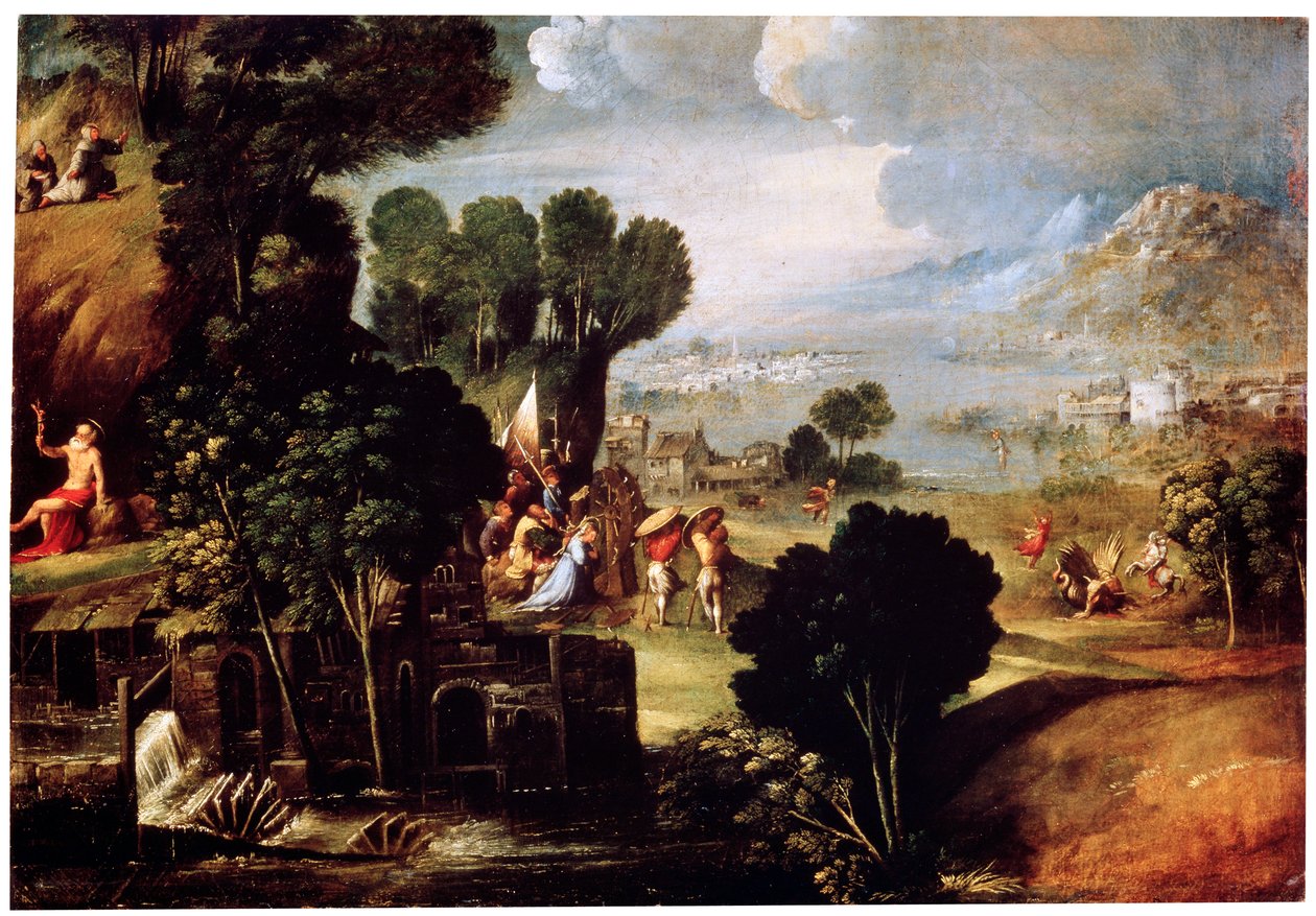 Krajina se scénami z Životy svatých, c1530 od Circle of Dosso Dossi