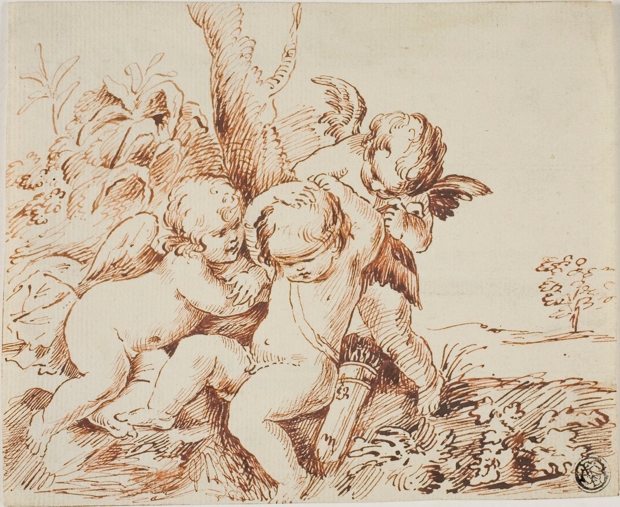Dva Putti zavazující oči třetímu od Circle of Guido Reni