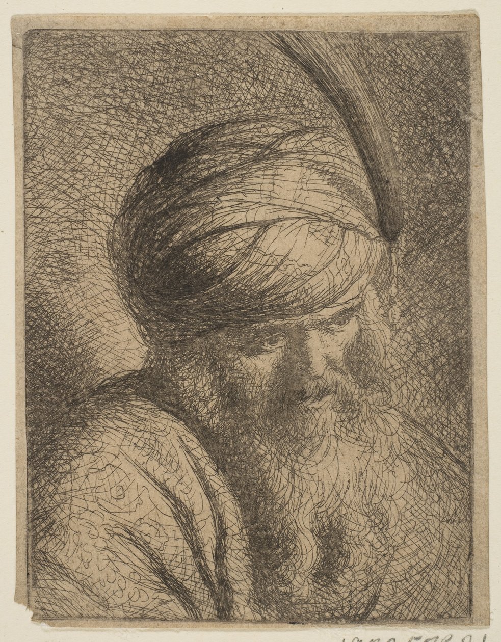 Busta muže v opeřeném turbanu a dlouhém vousu.n.d. od Circle of Rembrandt