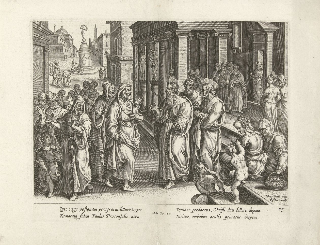 Paul se hádá s čarodějem Elymasem Skutky apoštolů (název série) Acta Apostolorum (název série) od Claes Jansz. Visscher (II) (workshop of)