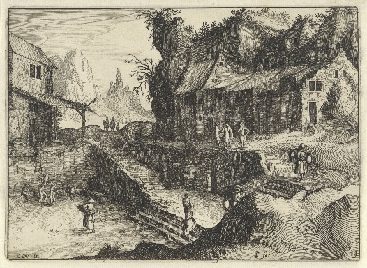 Horská vesnice s domy a schody Nizozemské krajiny (název série) Amaeniores Aliquot Regiunculae (název série na objektu) od Claes Jansz. Visscher (II)