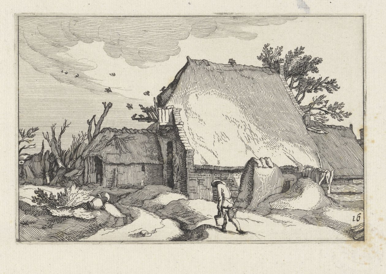 Farma a muž se dvěma kbelíky Krajiny s farmami (název série) od Claes Jansz. Visscher (II)