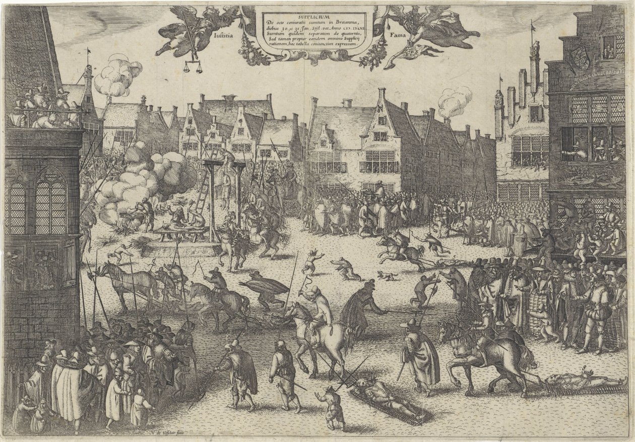 Poprava spiklenců zrady střelného prachu, 1606 Supplicium de octo coniuratis sumtum in Britannia (název na předmětu) od Claes Jansz. Visscher (II)