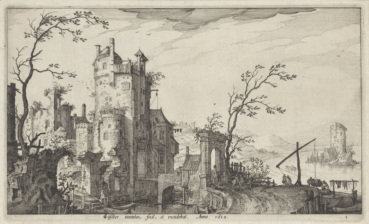 Ruinózní městská brána na vodě od Claes Jansz. Visscher (II)