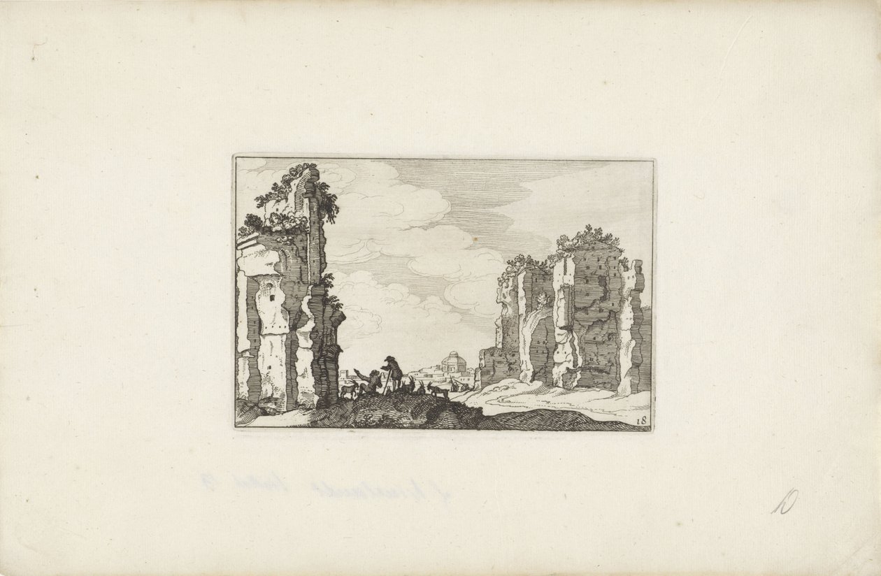 Dva pastýři v ruinách Italské krajiny s ruinami (název série) Variae antiquitates Romanae (název série na objektu) od Claes Jansz. Visscher (II)