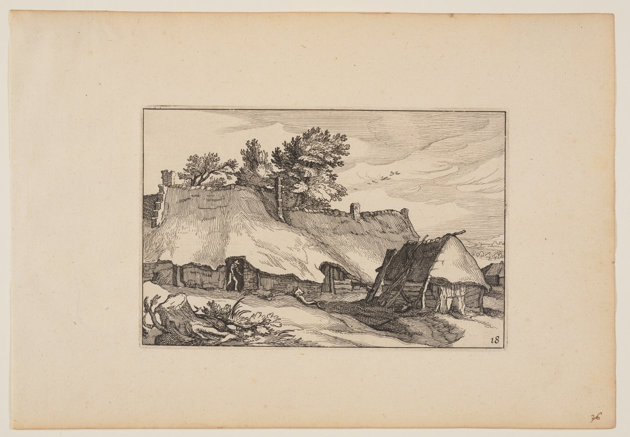 Farma, muž ve dveřích, z knihy Krajiny (Verscheyden aerdige Lanthuysen...) od Claes Jansz. Visscher