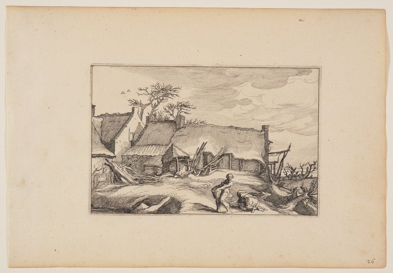 Statek, muž nesoucí koš v popředí, z knihy Krajiny (Verscheyden aerdige Lanthuysen...) od Claes Jansz. Visscher