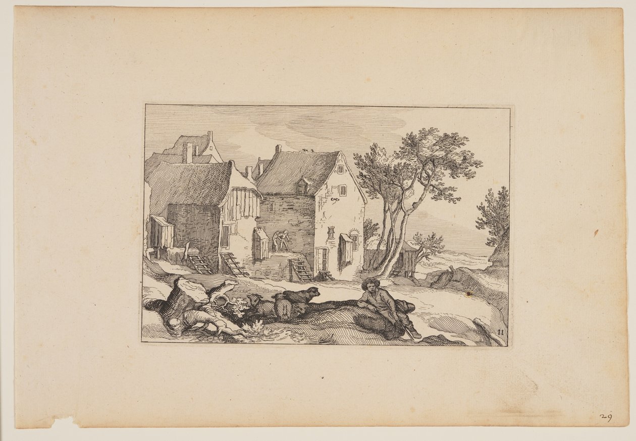 Hospodářský dvůr, odpočívající pastýř v popředí, z knihy Krajiny (Verscheyden aerdige Lanthuysen...) od Claes Jansz. Visscher