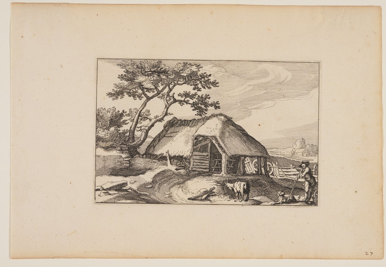 Stodola, stádo odpočívá na holi vpravo v popředí, z knihy Krajiny (Verscheyden aerdige Lanthuysen...) od Claes Jansz. Visscher