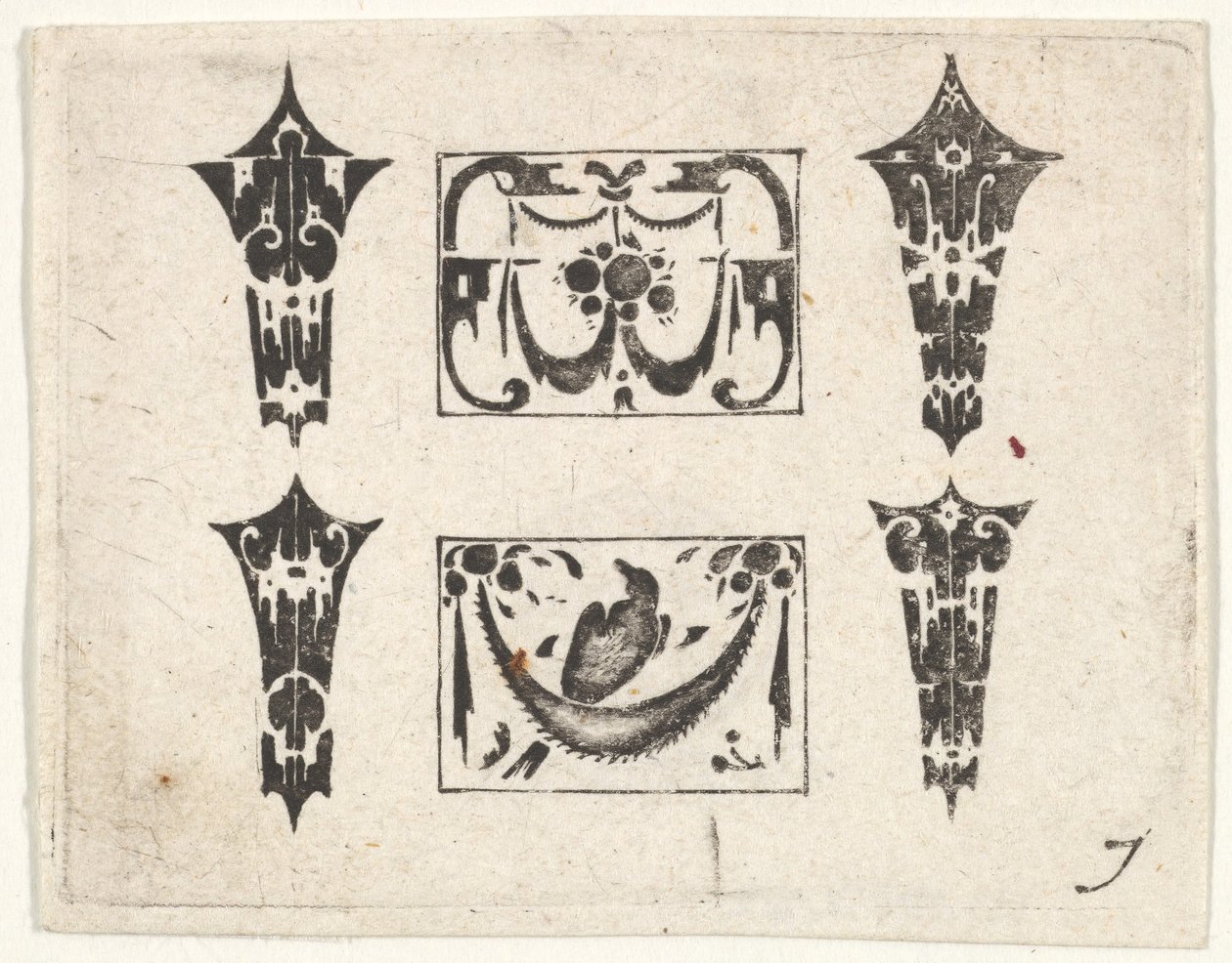 Blackwork Print se dvěma horizontálními panely a čtyřmi rámečky, ca. 1620. od Claes Jansz Visscher
