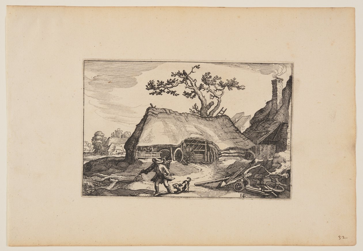 Farma s přístřeškem pro vůz, muž se štěkajícím psem, od Landscapes od Claes Jansz. Visscher