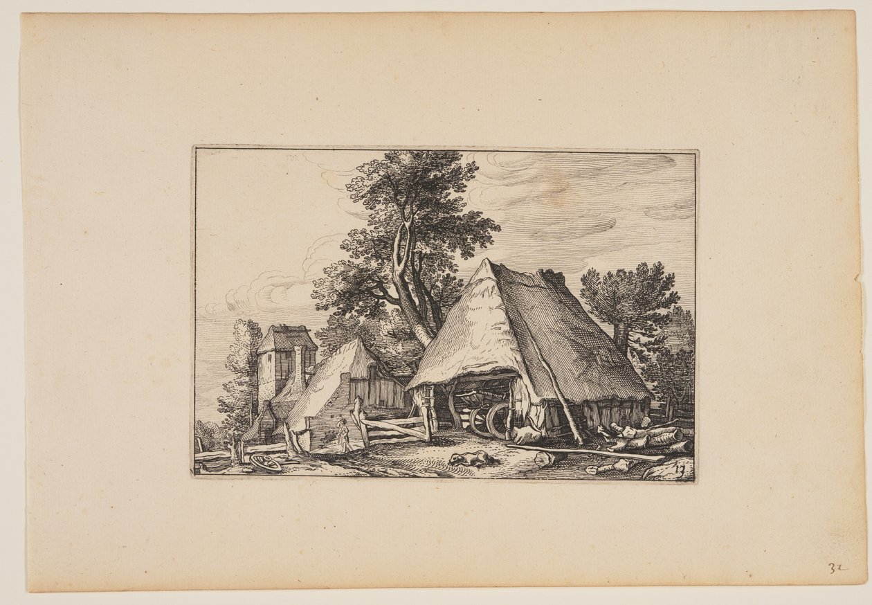 Farma s přístřeškem pro vůz, z knihy Krajiny (Verscheyden aerdige Lanthuysen...) od Claes Jansz. Visscher