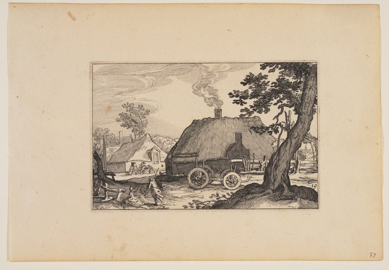 Farmy, podvozek vozu uprostřed, z knihy Krajiny (Verscheyden aerdige Lanthuysen...) od Claes Jansz. Visscher