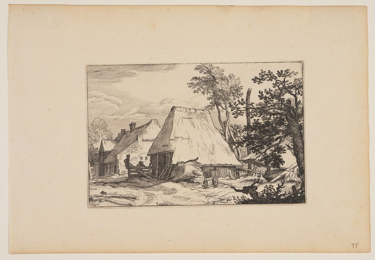 Hospodářský dvůr, muž odpočívající na plotě vlevo od středu, z knihy Krajiny (Verscheyden aerdige Lanthuysen...) od Claes Jansz. Visscher