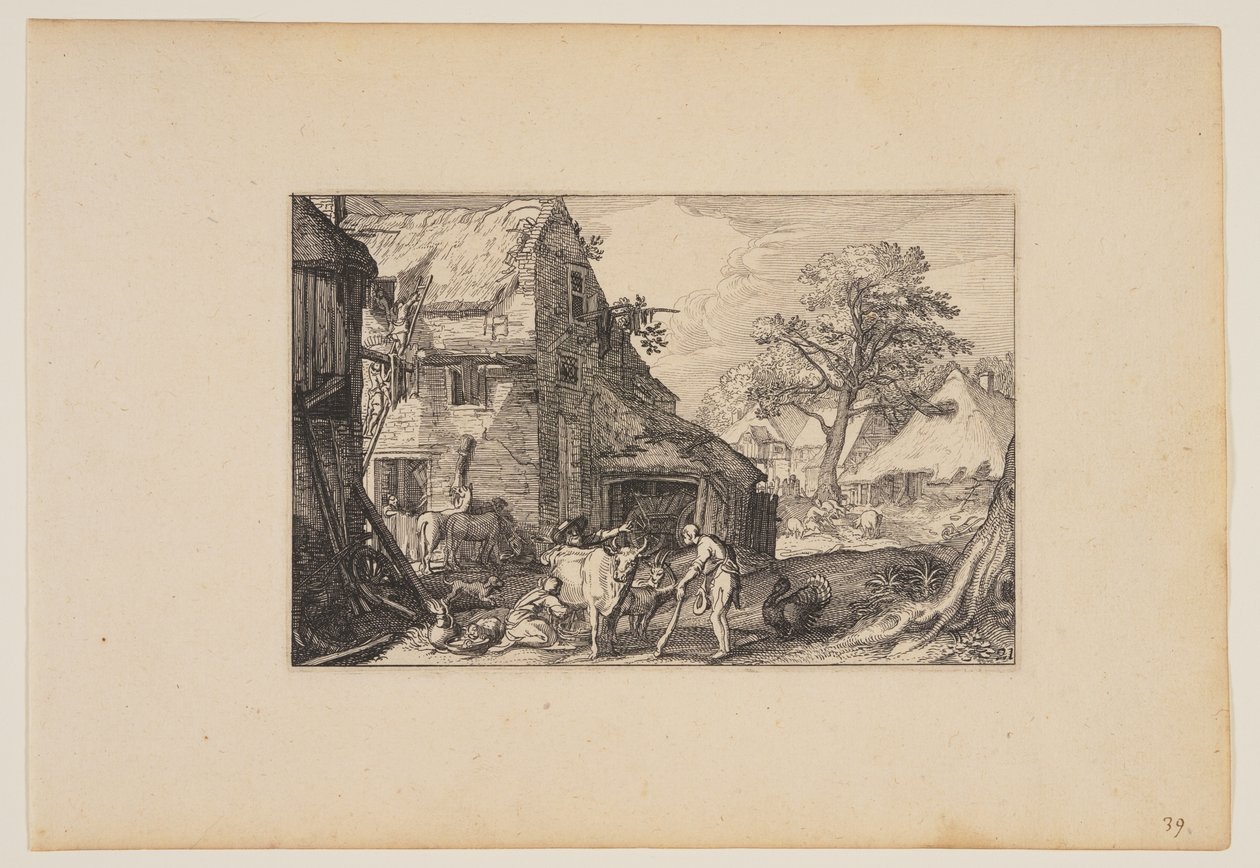 Selský dvůr s marnotratným synem mezi prasaty z knihy Krajiny (Verscheyden aerdige Lanthuysen...) od Claes Jansz. Visscher
