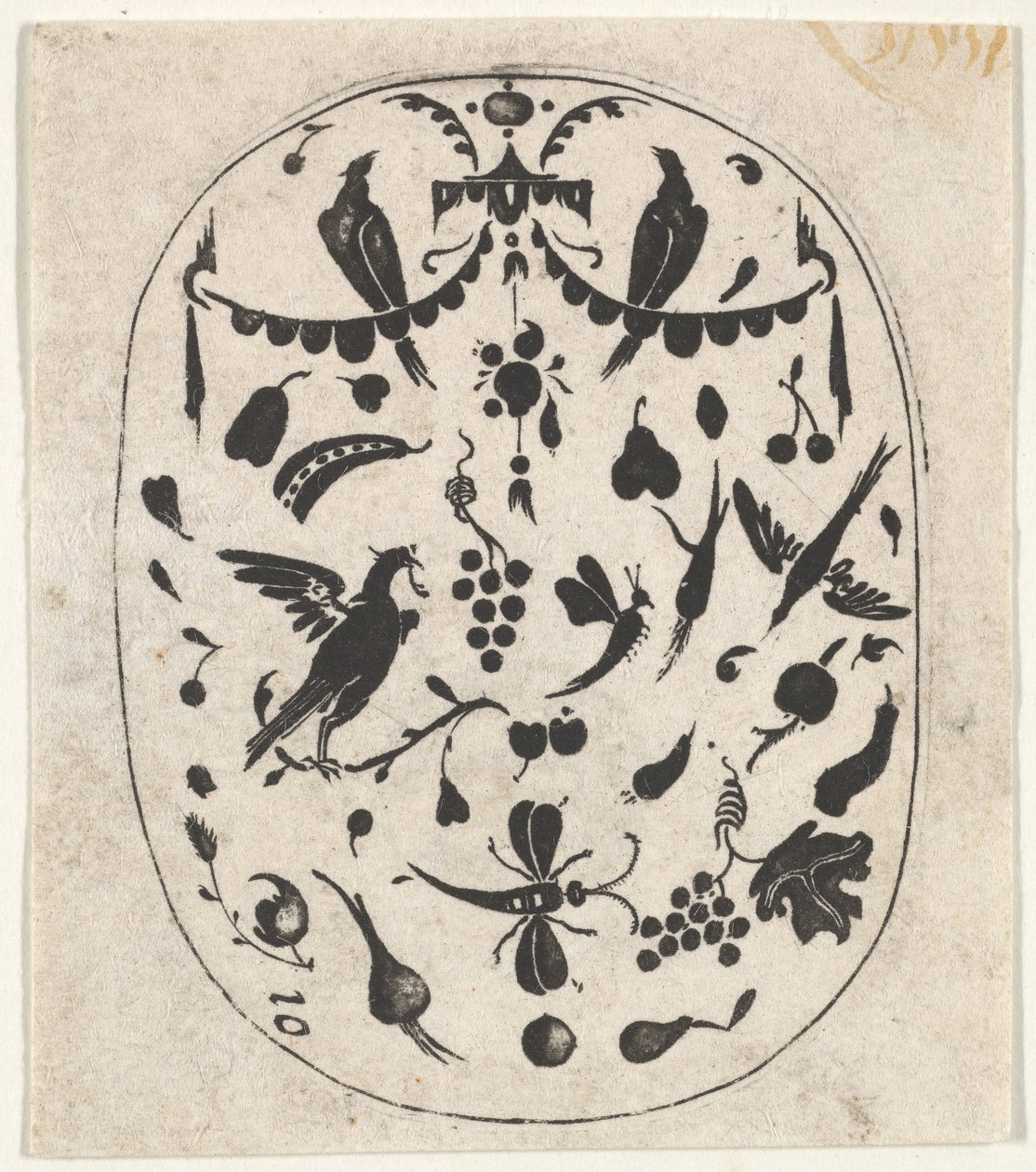 Oválný černý tisk s ptáky, hmyzem a ovocem, ca. 1620. od Claes Jansz Visscher