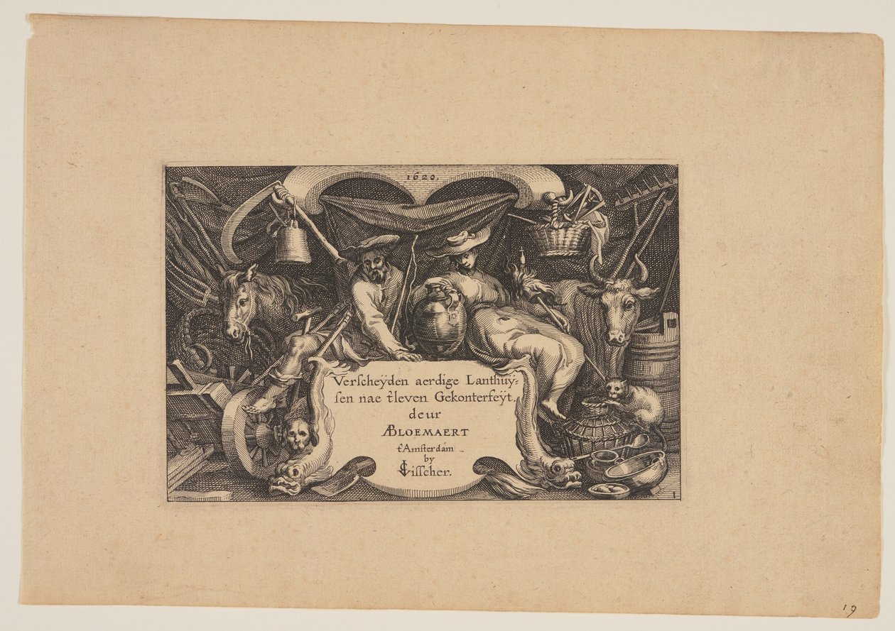 Titulní strana z knihy Krajiny (Verscheyden aerdige Lanthuysen...) od Claes Jansz. Visscher