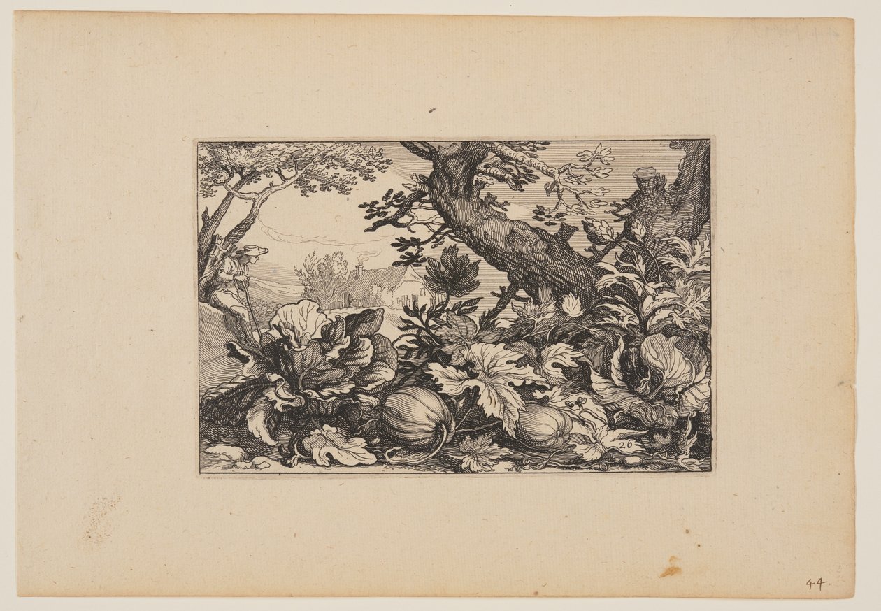 Strom a melouny, z knihy Krajiny (Verscheyden aerdige Lanthuysen...) od Claes Jansz. Visscher