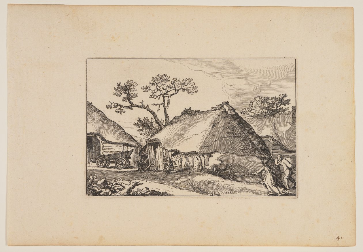 Dvě stodoly, vůz vlevo, z knihy Krajiny (Verscheyden aerdige Lanthuysen...) od Claes Jansz. Visscher