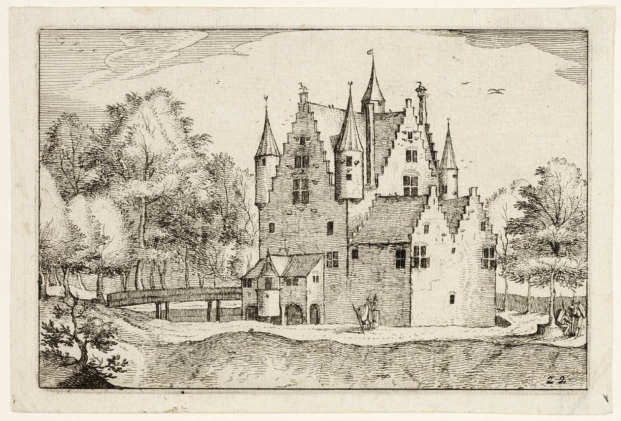 Zámek, deska 22 podle Obrázků statků, venkovských domů a vesnic (Praediorum villarum et rusticarum casularum icones) od Claes Jansz. Visscher II