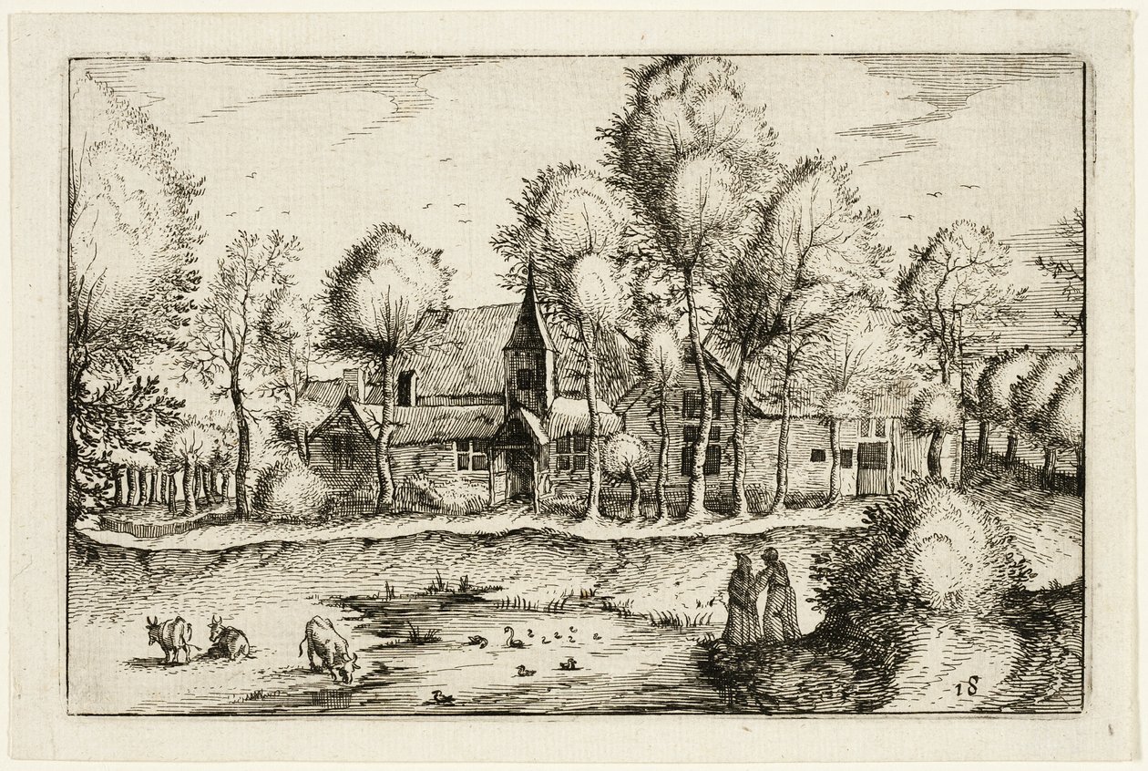 Rybník, osmnáctý talíř podle obrázků farem, venkovských domů a vesnic (Praediorum villarum et rusticarum casularum icones) od Claes Jansz. Visscher II