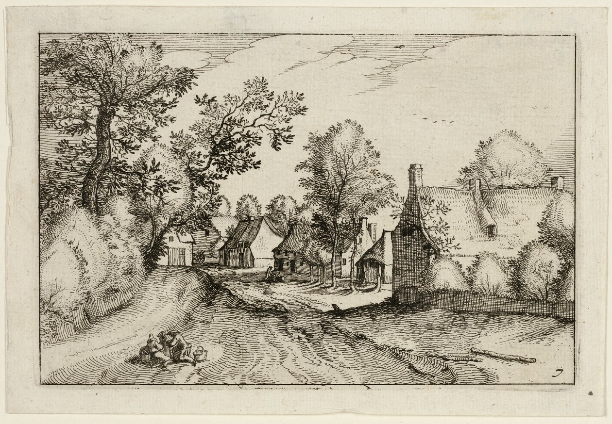 Vesnická cesta, sedmý talíř podle obrázků farem, venkovských domů a vesnic (Praediorum villarum et rusticarum casularum icones) od Claes Jansz. Visscher II