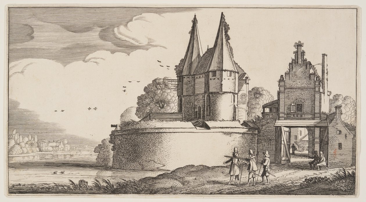 Bašta a městská brána na řece, z knihy Krajiny (Playsante Lantschappen) od Claes Jansz. Visscher II