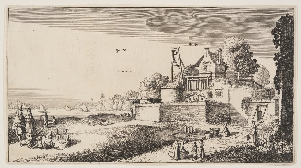 Bělicí pole před pevností na řece, z knihy Krajiny (Playsante Lantschappen) od Claes Jansz. Visscher II