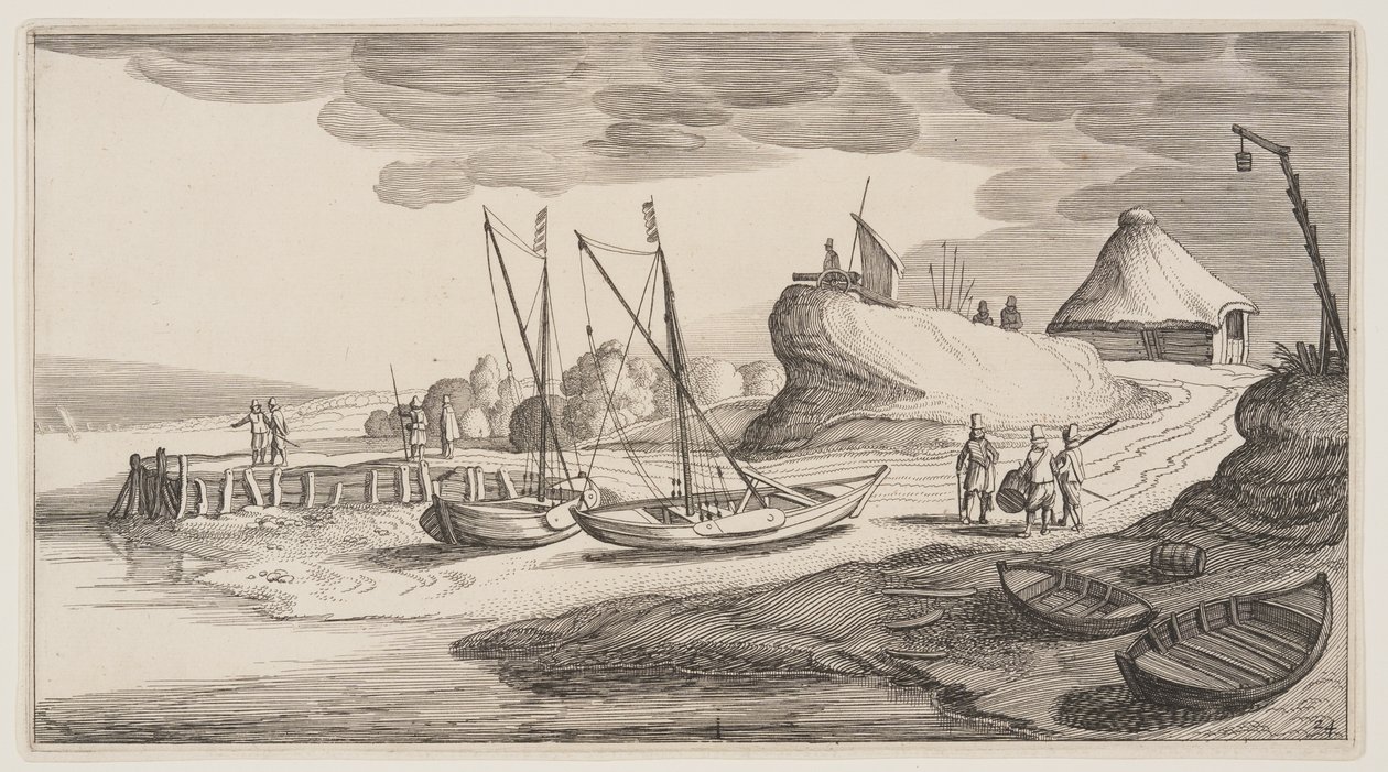 Lodě na břehu u strážní věže, z knihy Krajiny (Playsante Lantschappen) od Claes Jansz. Visscher II