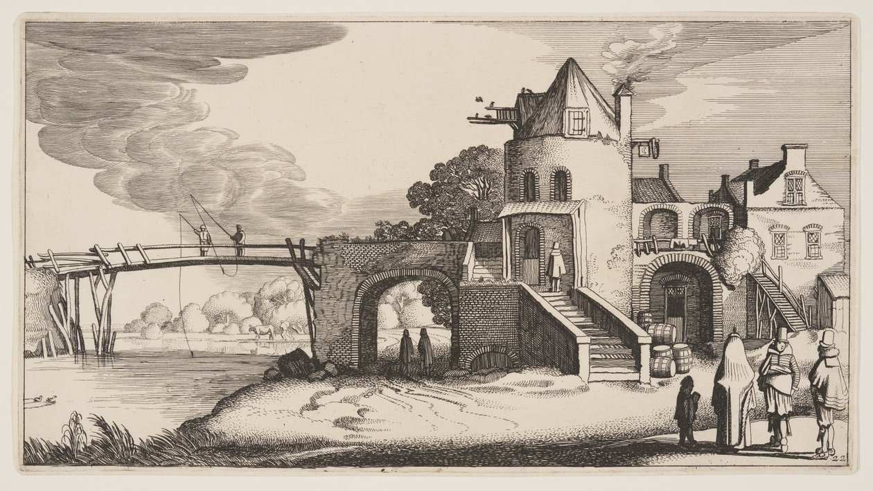 Most s mýtným domem, z knihy Krajiny (Playsante Lantschappen) od Claes Jansz. Visscher II