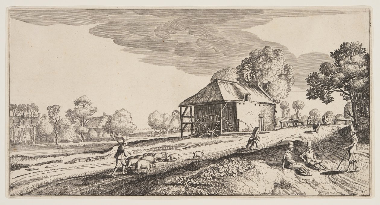 Křižovatka u vodního mlýna, z knihy Krajiny (Playsante Lantschappen) od Claes Jansz. Visscher II