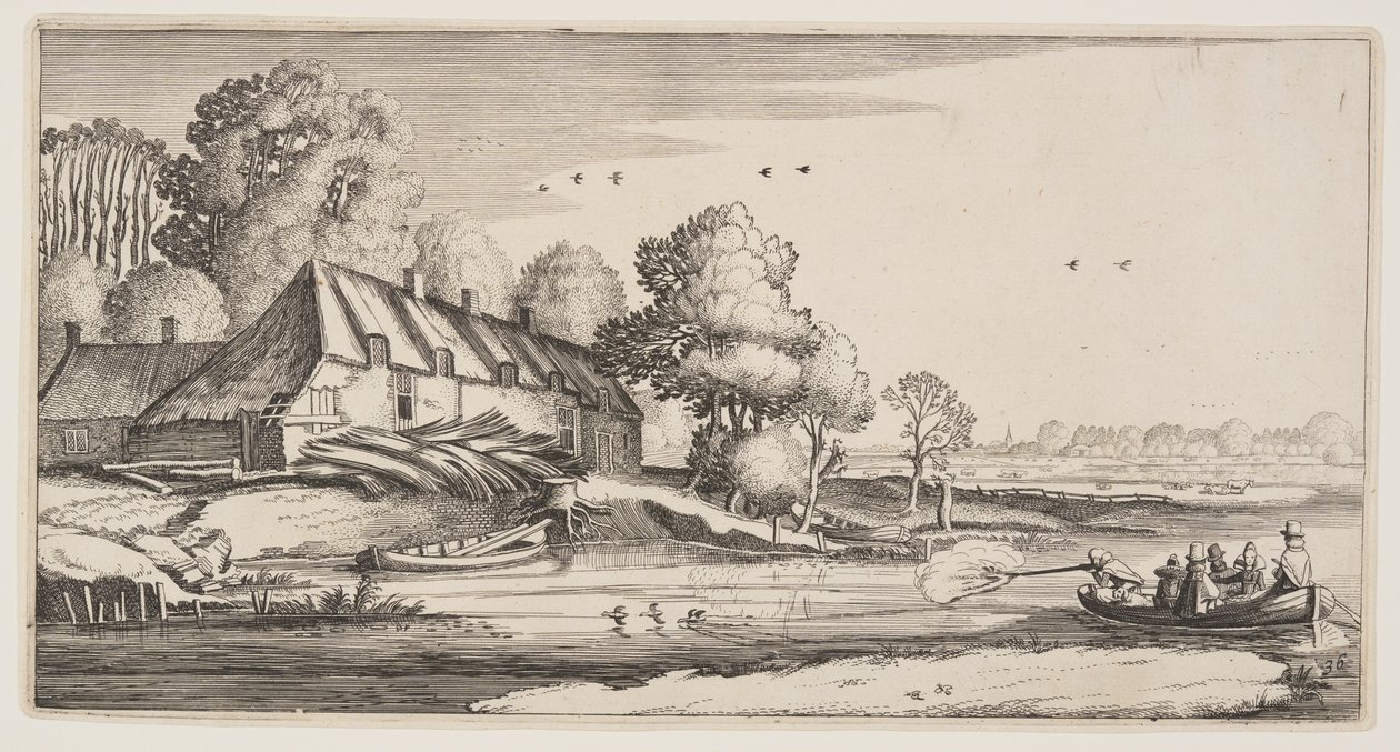 Střelba na kachny z řadové lodi poblíž farmy, z knihy Krajiny (Playsante Lantschappen) od Claes Jansz. Visscher II