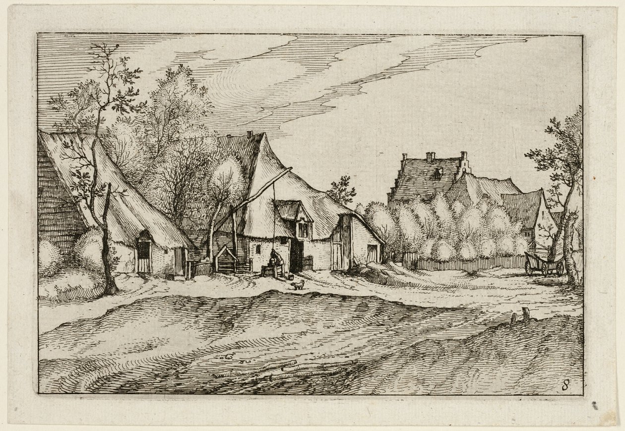Farmy na vesnici, deska osm podle obrázků farem, venkovských domů a vesnic (Praediorum villarum et rusticarum casularum icones) od Claes Jansz. Visscher II