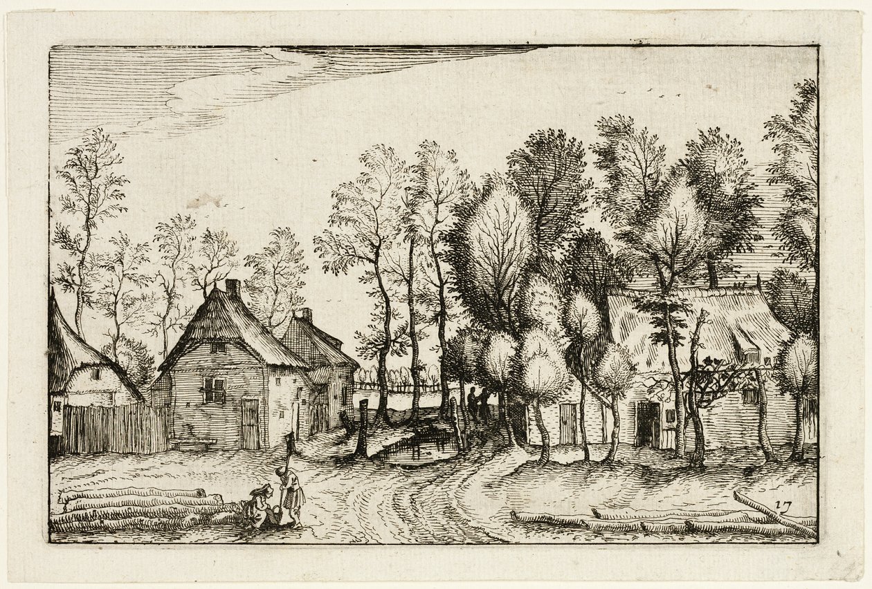 Krajina s vykácenými stromy, deska sedmnáct podle obrázků statků, venkovských domů a vesnic (Praediorum villarum et rusticarum casularum icones) od Claes Jansz. Visscher II