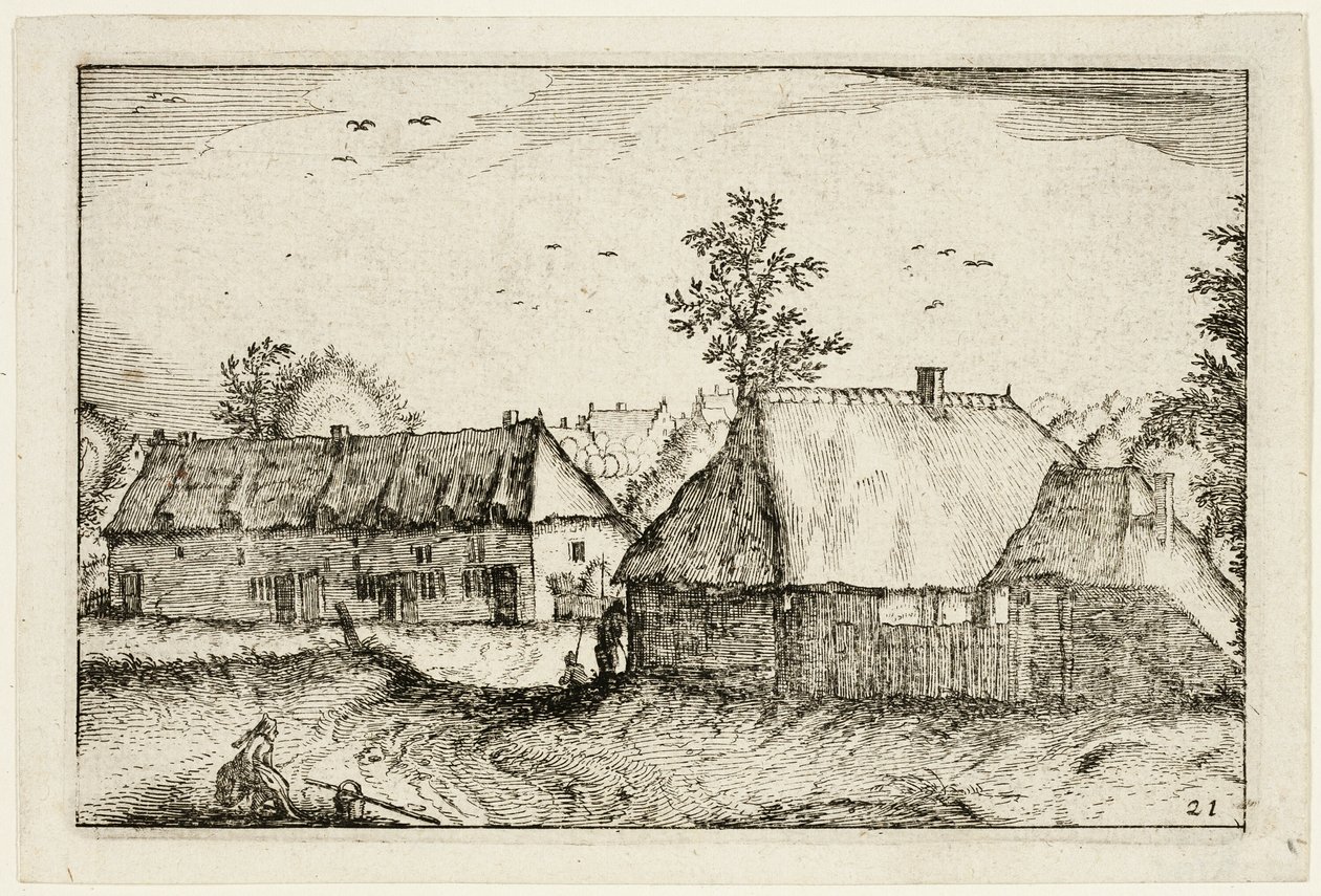 Velké přístřešky, deska 21 podle Obrázky farem, venkovských domů a vesnic (Praediorum villarum et rusticarum casularum icones) od Claes Jansz. Visscher II