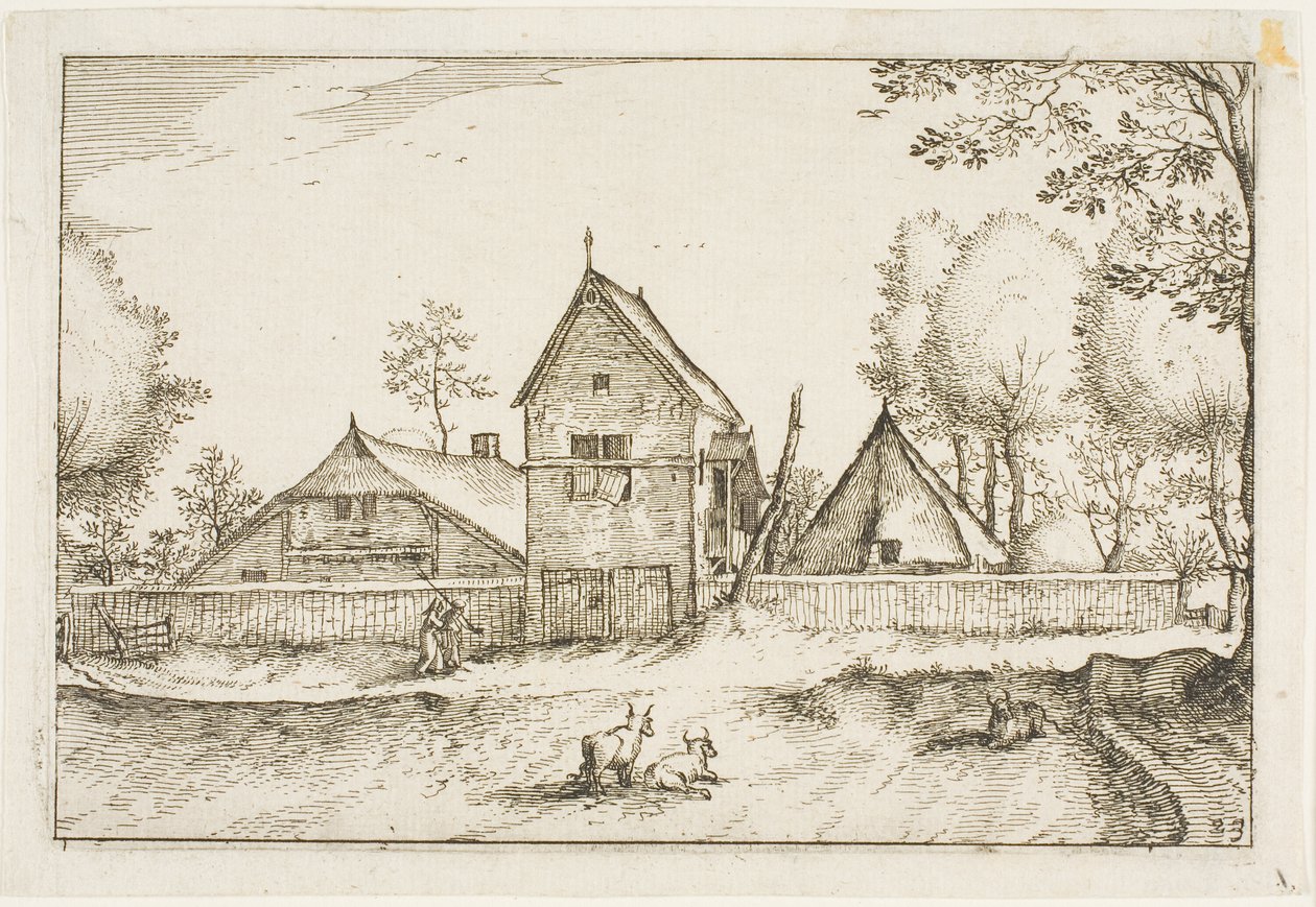 Velký oplocený statek, deska 23 podle Obrázky statků, venkovských domů a vesnic (Praediorum villarum et rusticarum casularum icones) od Claes Jansz. Visscher II